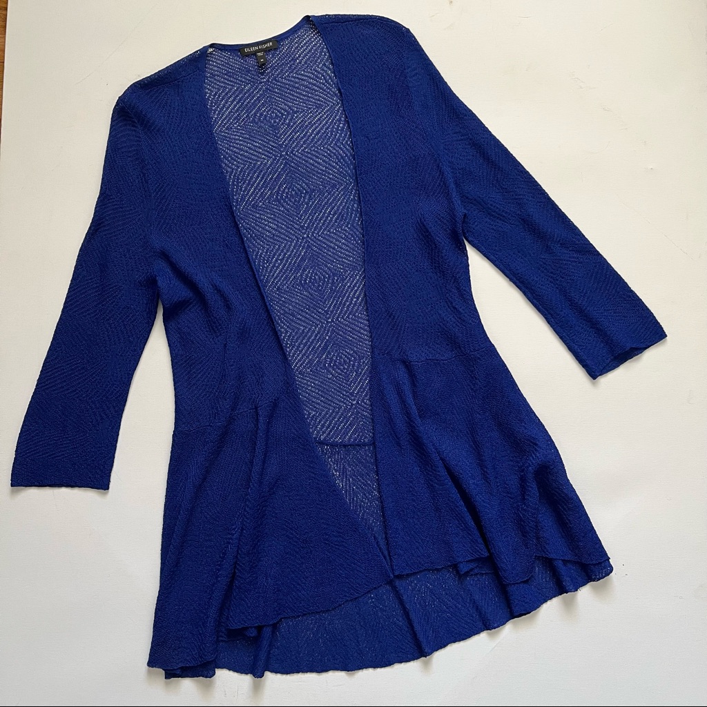 Eileen Fisher Blue Open Front Peplum Cardigan Tunic Size Medium